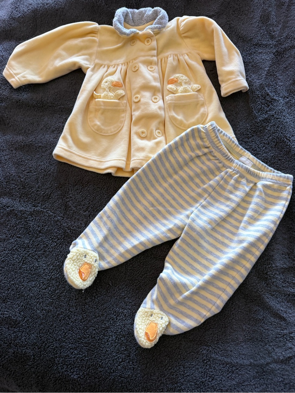 Le Top Yellow Duckling Jacket and Blue Striped Footed Pants Set